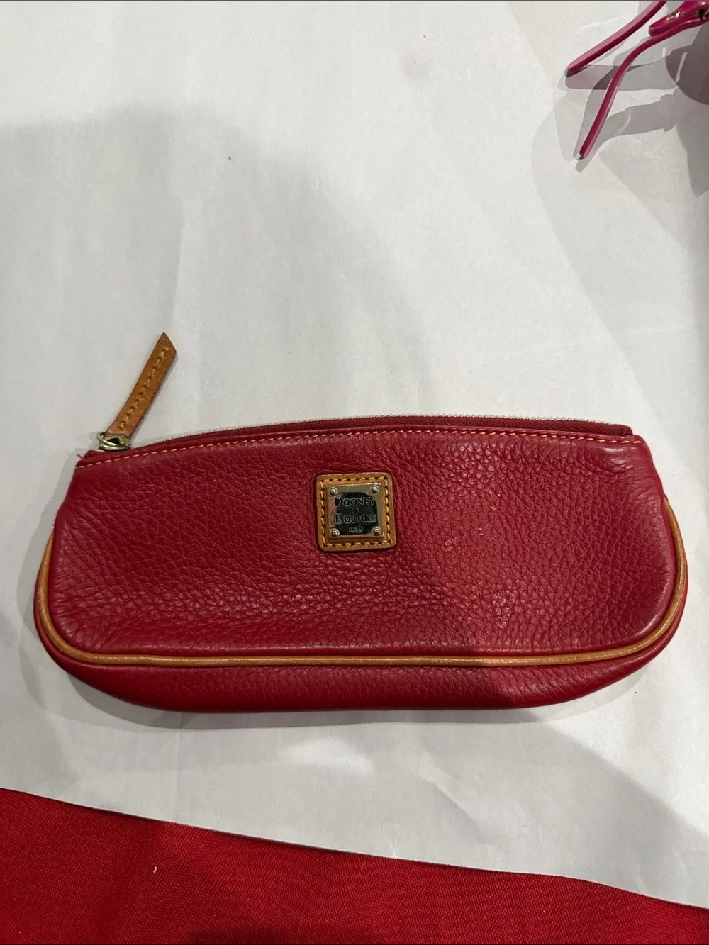 Dooney & Bourke Red Pebbled Leather Cosmetic Pouch with Tan Trim